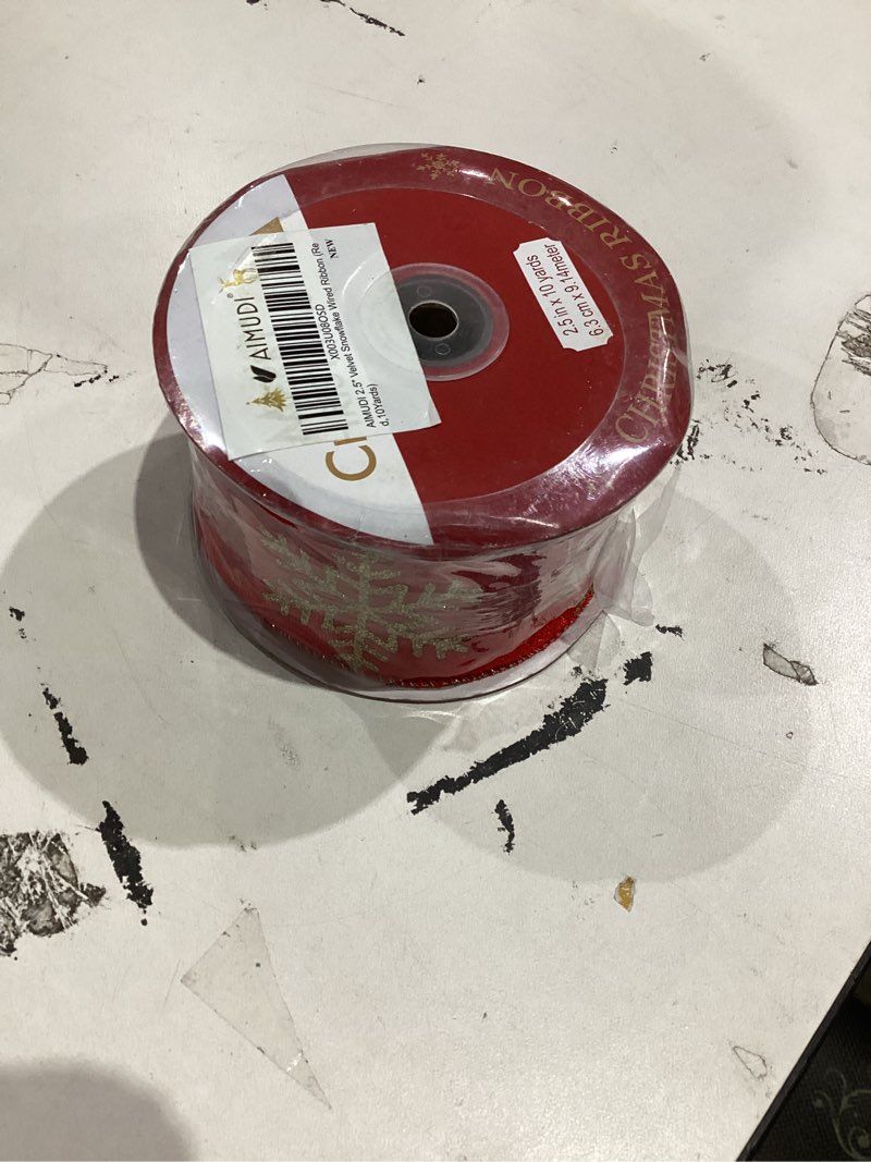 Condition photo showing New/Like New for AIMUDI Red Velvet Ribbon Wired 2.5 Inch Glitter Snowflake Wired Ribbon for Wreaths, Christmas Tree, Gift Wrapping, Garland, Holiday Crafts, Topper Bows - 10 Yards Red 2.5"