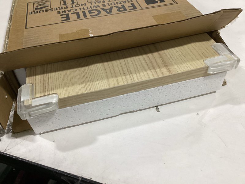 Condition photo showing Good Condition for Large Dual Monitor Stand Riser - Monitor Stand for 2 Monitors, Wooden Computer Stand For Desk with Metal Legs, Desk Organizers and Storage With Drawer, Desk Shelf for Computer/Laptop/Printer/TV, Oak