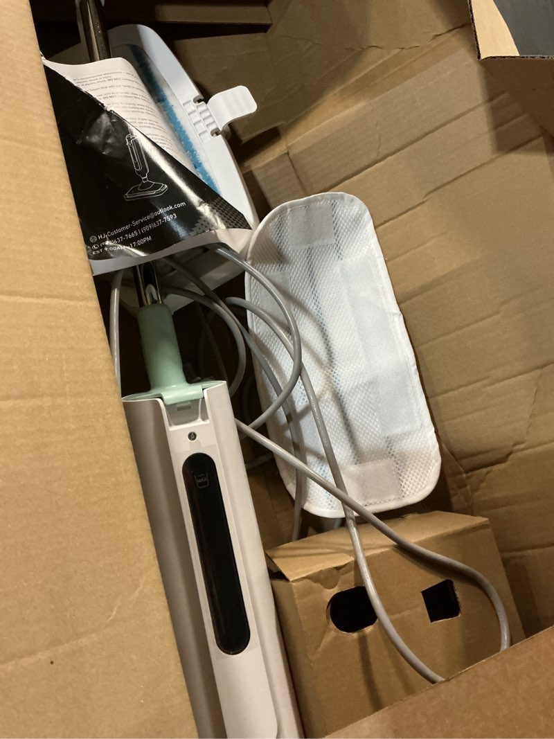 Condition photo showing As Is for amazon basics steam mop for hard floor cleaning with 20-foot cord, 3 washable pads, white