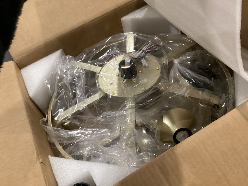 Condition photo showing As Is for Caged Ceiling Fans with Lights,18'' Gold Bladeless Ceiling Fan with Remote Control,6 Speeds Reversible Motor Low Profile Fandelier Ceiling Fan Light for Bedroom,Diningroom,Kitchen…