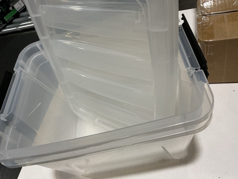 Condition photo showing As Is for similar to 12 qt./3 gal. plastic storage box with latching lid, clear, stackable storage containers, tote