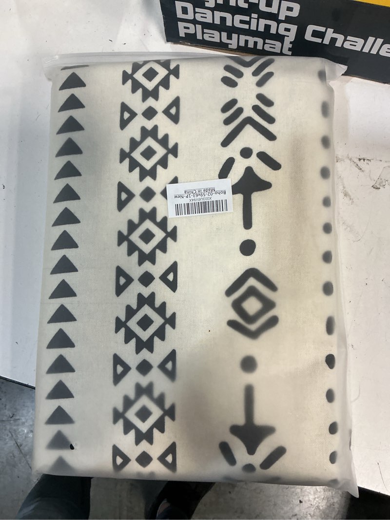 Condition photo showing New/Like New for coral fish boho curtains with black geometric pattern bohemian window curtains with tassels fringe for kitchen bathroom light-filtering privacy cotton drapes, rod pocket, 59''w x 63''l, 1 panel 59"w x 63"l (pack of 1) black pattern