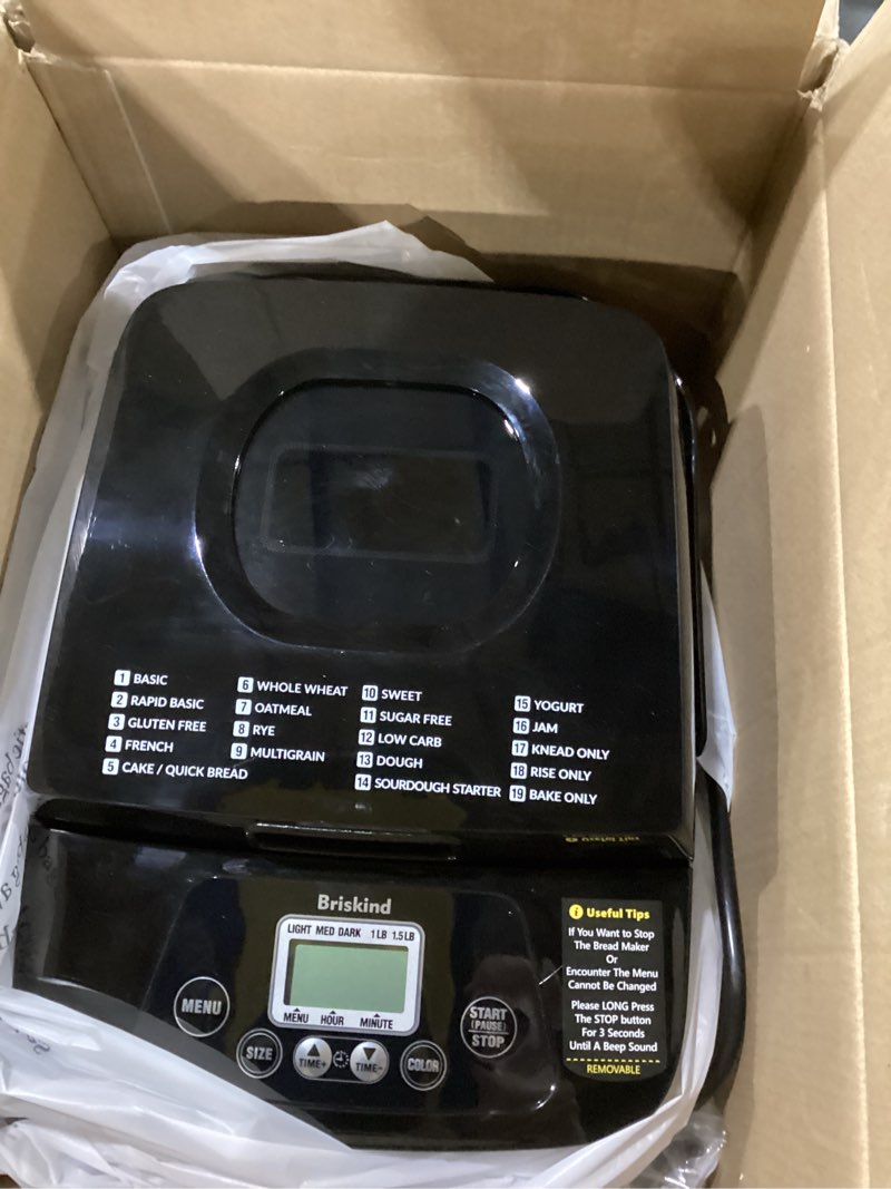 Condition photo showing New/Like New for 19-in-1 compact bread maker machine, 1.5 lb / 1 lb loaf small breadmaker with carrying handle, including gluten free, dough, jam, yogurt menus, bake evenly, automatic keep warm, 3 crust color 19 programs 1.5 lb small bread maker stainless steel (black)