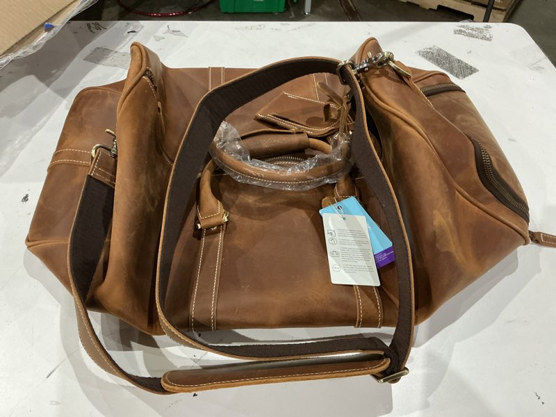 Condition photo showing As Is for leather travel duffel bag, mens classic gift leather weekend bag overnight full grain retro sport gym carry on luggage ykk zipper (brown)