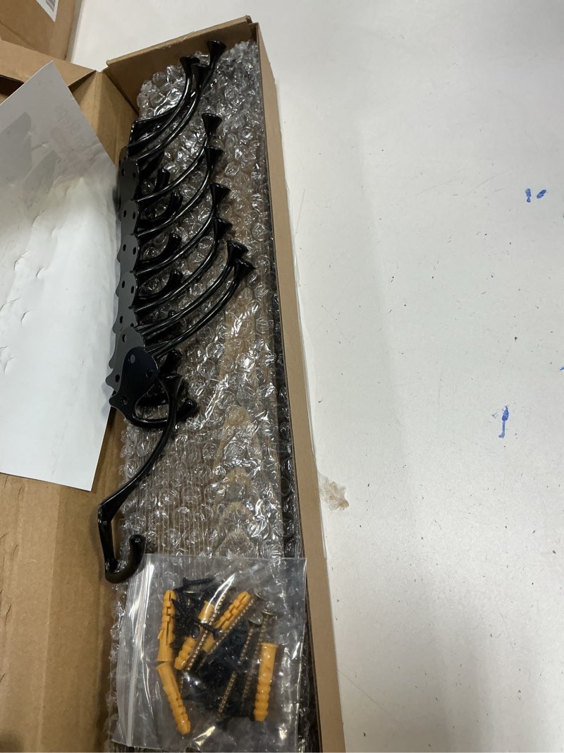 Condition photo showing New/Like New for IBosins 2 Pack Coat Rack Wall Mount, 17'' Old Wood Color Coat Hanger, Rustic Wooden Metal Coat Hooks Rail for Entryway Living Room Coat Jacket Scarf Bag Towel Hat Old Wood Plate & Black Tri-Hook 2 Item-5 Hooks