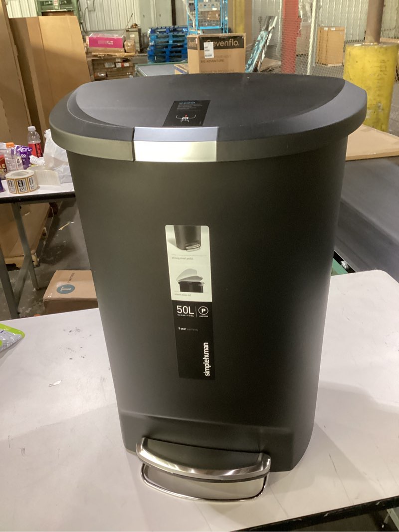 simplehuman 50 Liter / 13 Gallon Semi-Round Kitchen Step Trash Can with Secure Slide Lock, Black Pla