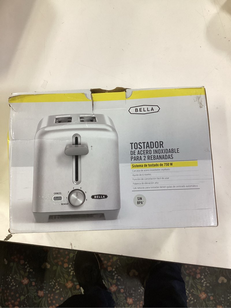 Condition photo showing New/Like New for bella Stainless Steel 2 Slice Toaster with Extra Wide Slots & Removable Crumb Tray - 6 Browning Options, Auto Shut Off & Reheat Function - Toast Bread, Bagel & Waffle 2 Slice Stainless Steel