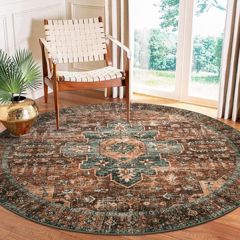 ruugme washable 7round rug - large rugs for living room low pile soft rugs for bedroom kitchen dining room oriental carpets with non slip backing home decor floor mat 7round beige beige 7' (round)