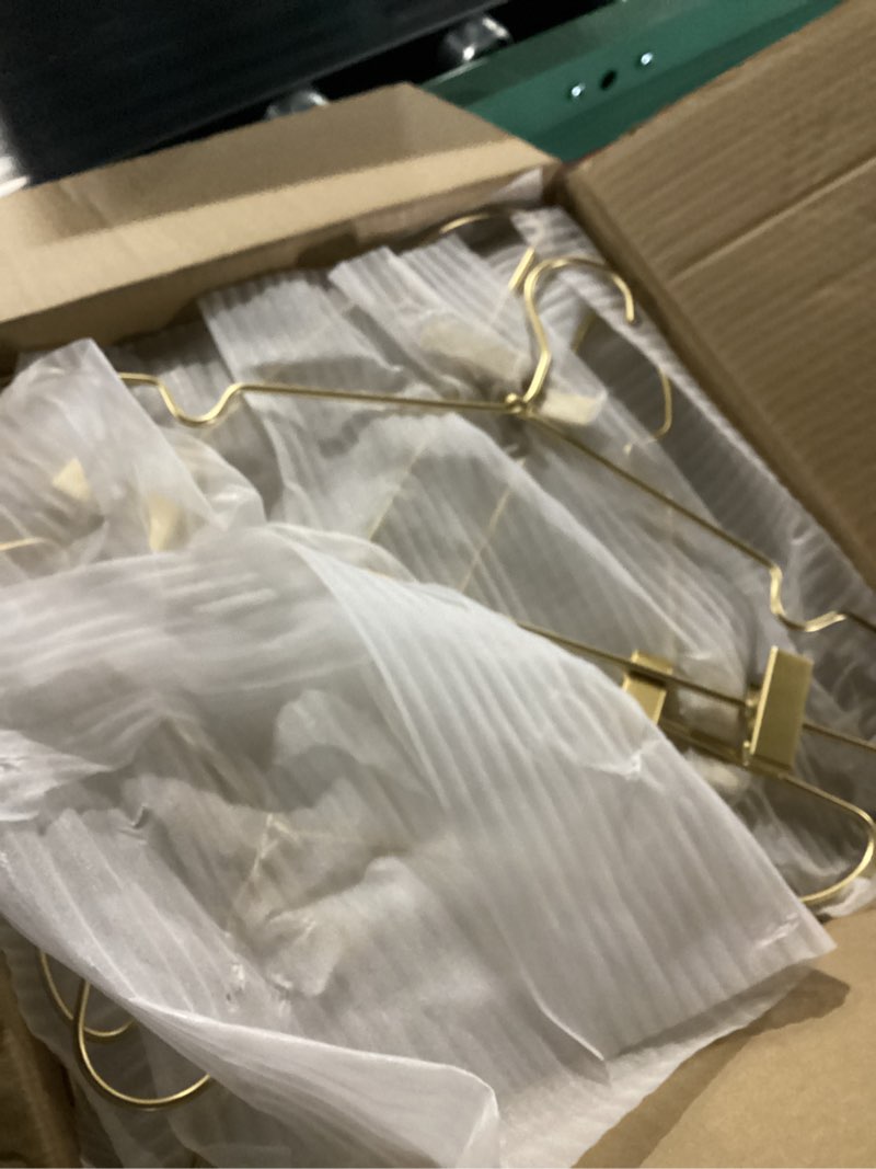 Condition photo showing New/Like New for Premium 16.5” Matte Gold Metal Clothes Clips Hangers, Heavy Duty Skirt Slack Hangers, Metal Rack for Trousers Non Slip Clips, Clothes Hanger Display and Storage, 30 Pack