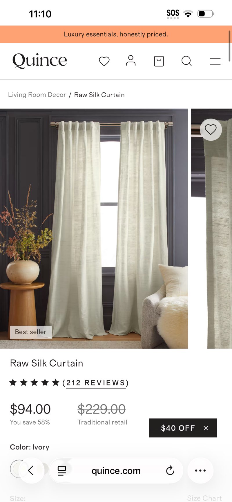 raw silk curtain, ivory, 48”x96”