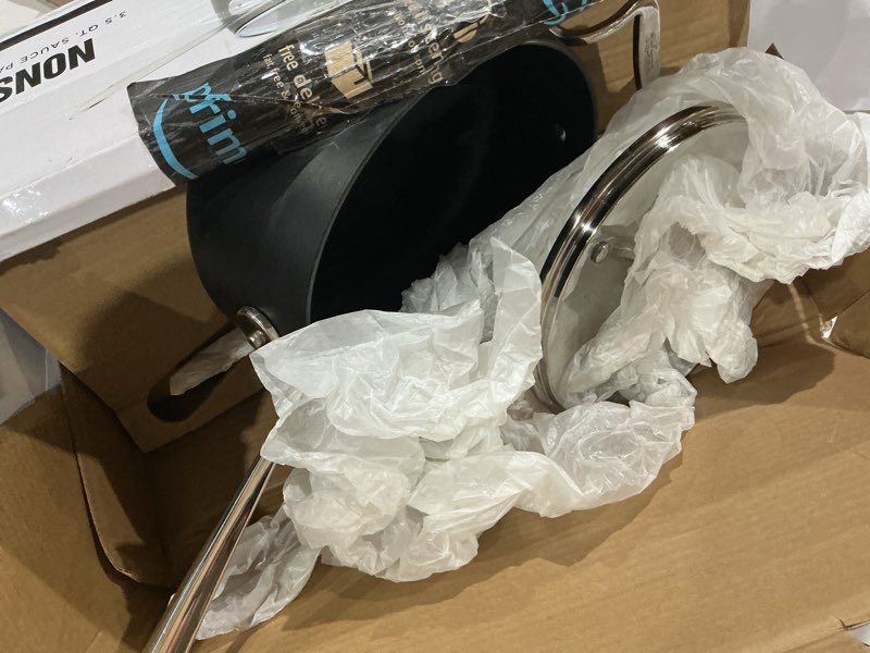 Condition photo showing As Is for all-clad ha1 hard anodized nonstick sauce pan 3.5 quart induction oven safe 350f pots and pans, cookware black