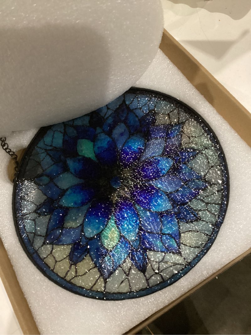 Condition photo showing As Is for Winter Christmas Snowflake Stained Glass Window Hanging, Snowflake Christmas Suncatcher, Winter Xmas Sun Catchers Indoor Window Round Glass Wall Art Hanging Decorations, 7.9x7.9in