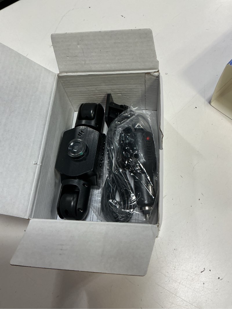 Condition photo showing As Is for dash cam front and rear, 1080p dash camera for cars, 4 channel car camera front rear and inside with loop recording, night vision, hdr, 24hr parking monitor, g-sensor p2