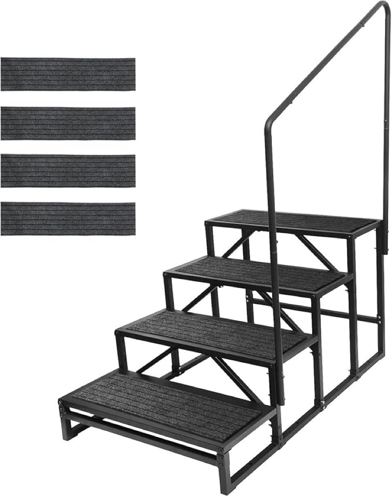 rv steps with handrail and mat, 4-step heavy duty stable universal stair for rv travel trailers pool hot tub trampoline