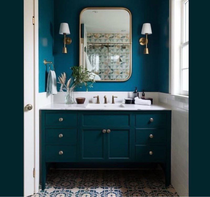 Dark teal vanity with sink