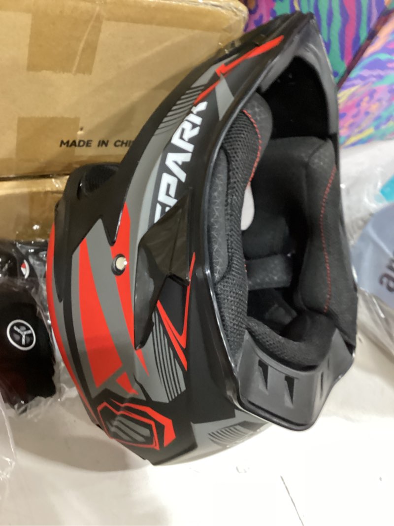 Condition photo showing New/Like New for spark adult motocross helmet dirt bike helmets full face motorcycle off-road mountain e-bike bmx mx atv helmet (with gloves goggles mask) 4pcs set, dot certified medium red rocket