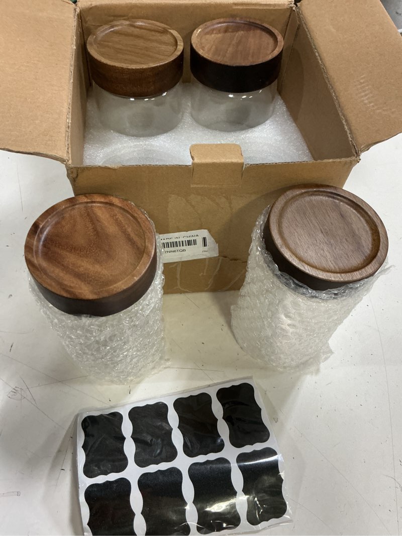Condition photo showing Good Condition for 18 oz/550 ml clear glass storage canister with airtight wooden lid, small overnight oats containers, cute decorative salad jar for snacks yogurt spice sugar cereal fruit coffee tea -4 pack 18 oz/ 550 ml