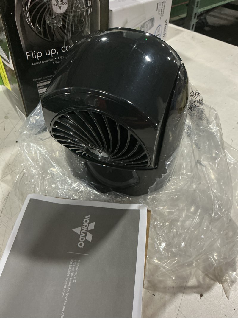 Condition photo showing As Is for vornado flippi v6 compact air circulator fan, adjustable head, 2 speeds, black
