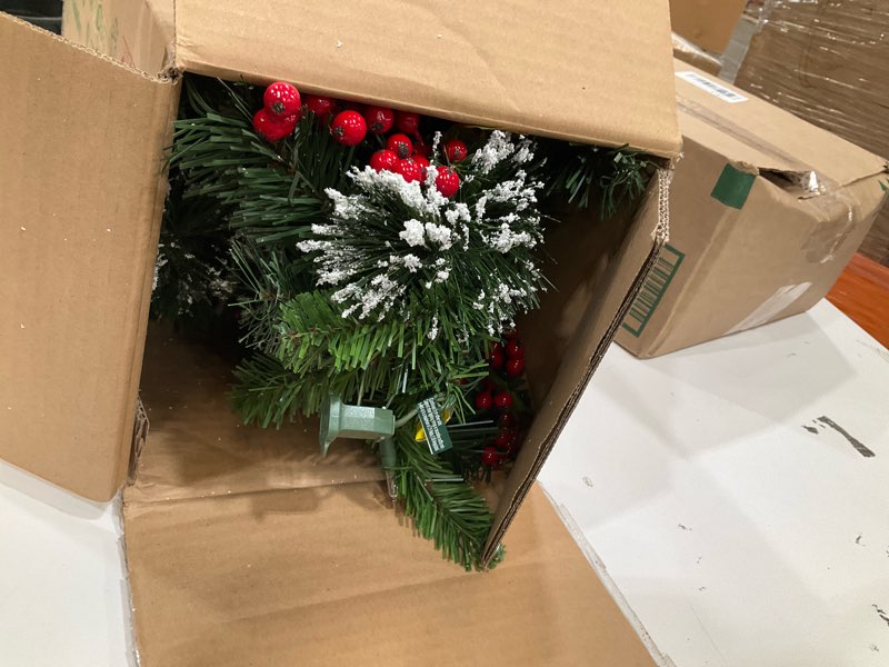 Condition photo showing Good Condition for national tree company 9 ft pre-lit wintry pine flocked artificial christmas garland, christmas decoration with pinecones, red berries, 100 clear lights, 184 tips, green