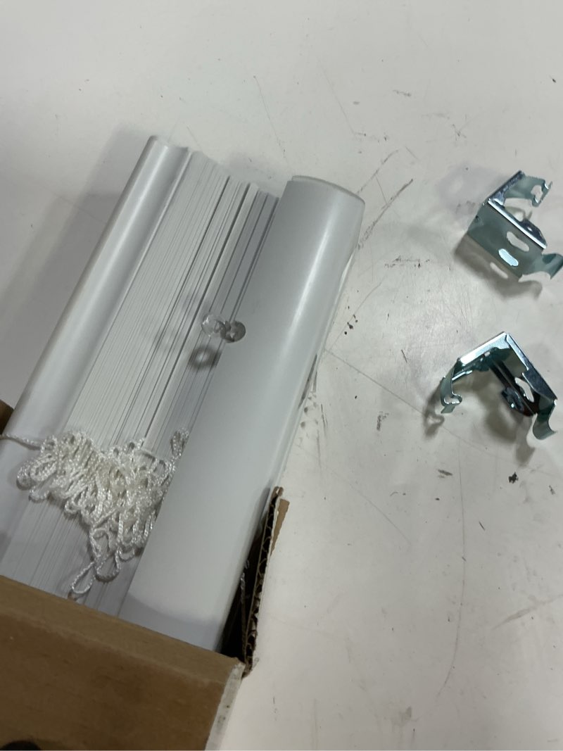 Condition photo showing As Is for project source light filtering 1-in slat width 32-in x 64-in cordless white vinyl light filtering mini-blinds