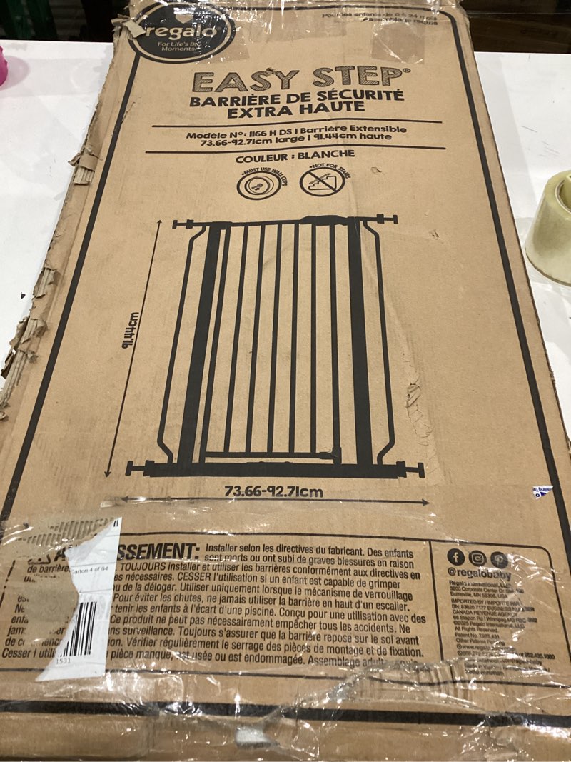 Condition photo showing Good Condition for regalo safety 36" extra tall baby gate for doorways & bottom of stairs, pressure mount, toddlers & pets, 6-24 months, tested & safe for 30 years, american designed, american owned white 29-36.5"w x 36"h