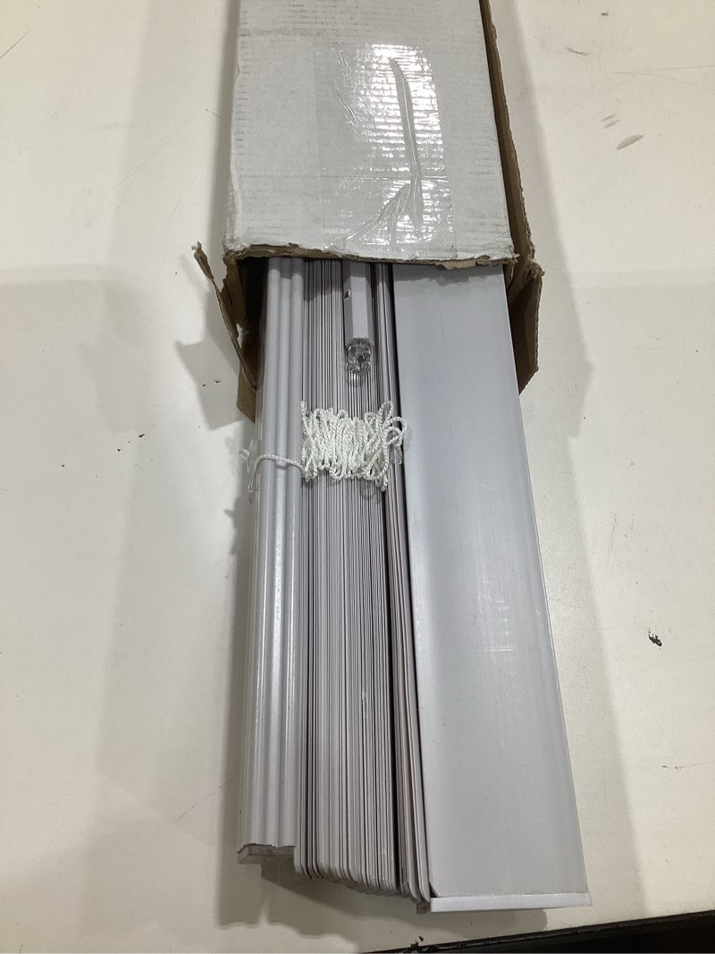Condition photo showing As Is for achim gii morningstar indoor cordless vinyl light filtering window mini blind  pearl white  64  l x 52  w