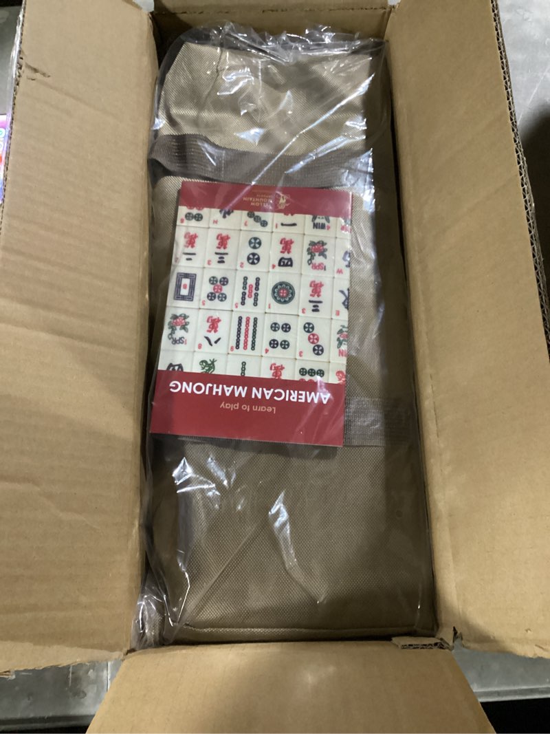 Condition photo showing New/Like New for yellow mountain imports american mahjong set, mojave (ivory) with brown soft case, all-in-one racks with pushers, wright patterson scoring coins, dice, & wind indicator
