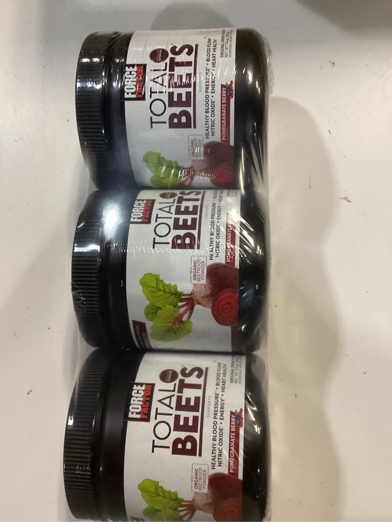 Condition photo showing New/Like New for force factor total beets drink mix superfood powder with nitrates to support circulation, nitric oxide, energy, endurance, and stamina, cardiovascular heart health supplement, 90 servings, 3-pack pomegranate berry 7.4 ounce (pack of 3)(best by 12/2026)