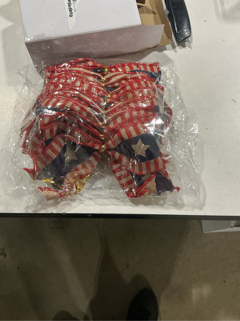 Condition photo showing Good Condition for 12 pcs 4th of july bows 6 inch patriotic 250th anniversary wreath bow red white blue large burlap bow decor american flag star ribbon bows for independence day door wall fence decor(elegant style)