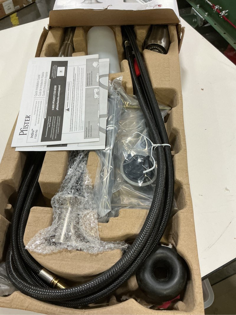 Condition photo showing As Is for Pfister Indira Kitchen Faucet with Pull Down Sprayer and Soap Dispenser, Single Handle, High Arc, Spot Defense Stainless Steel Finish, F5297NDGS