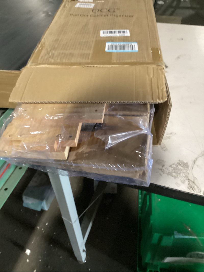 Condition photo showing New/Like New for ocg 5" pull-out solid wood storage organizer for base cabinets, soft close 3 tier narrow pull-out wooden storage rack for spices, utensils, and kitchen tools 5" w x 22" d wood (3 tier)