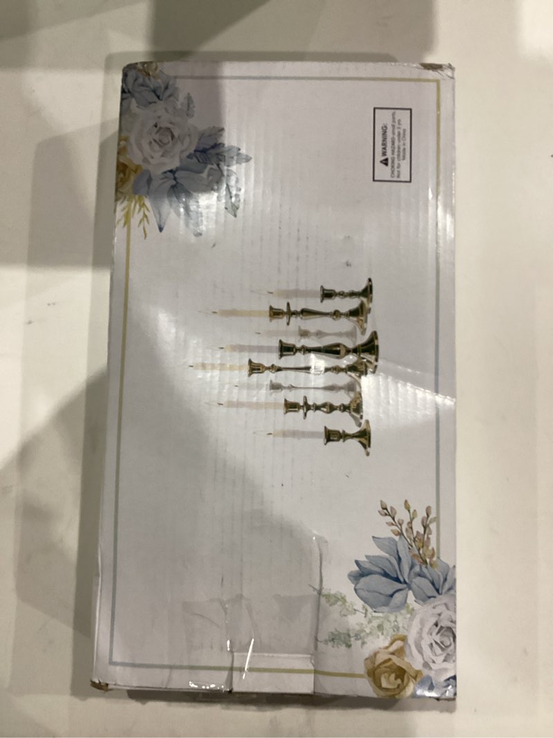 Condition photo showing New/Like New for Gold Candlestick Holders Set of 6, Weighted, Metal Taper Candle Stick Holders, Vintage Christmas Brass Home Decor for Table, Mantel, Room Decorations Housewarming Gift Gold-6 Gold Set of 6