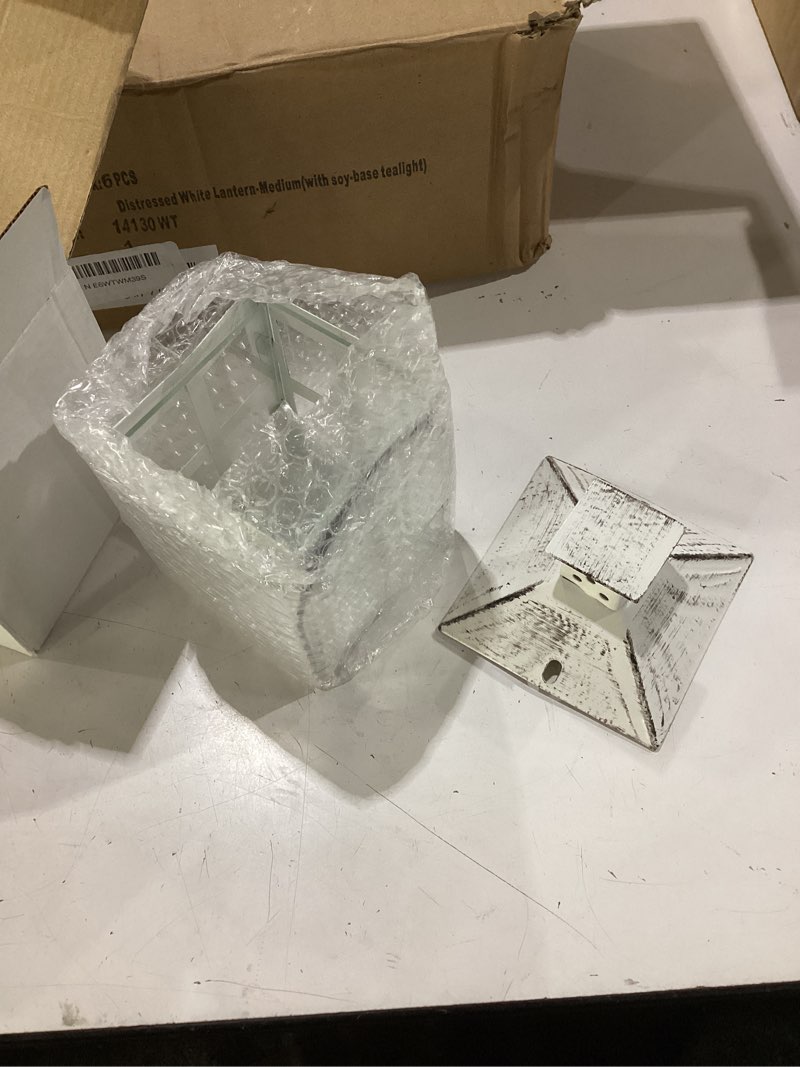 Condition photo showing As Is for kate aspen set of 6 white vintage distressed rustic candle holder decorative lantern (6 inch), wedding decoration, centerpiece, farmhouse decor, shelf decor 6 inch white decorative lantern 6 lanterns