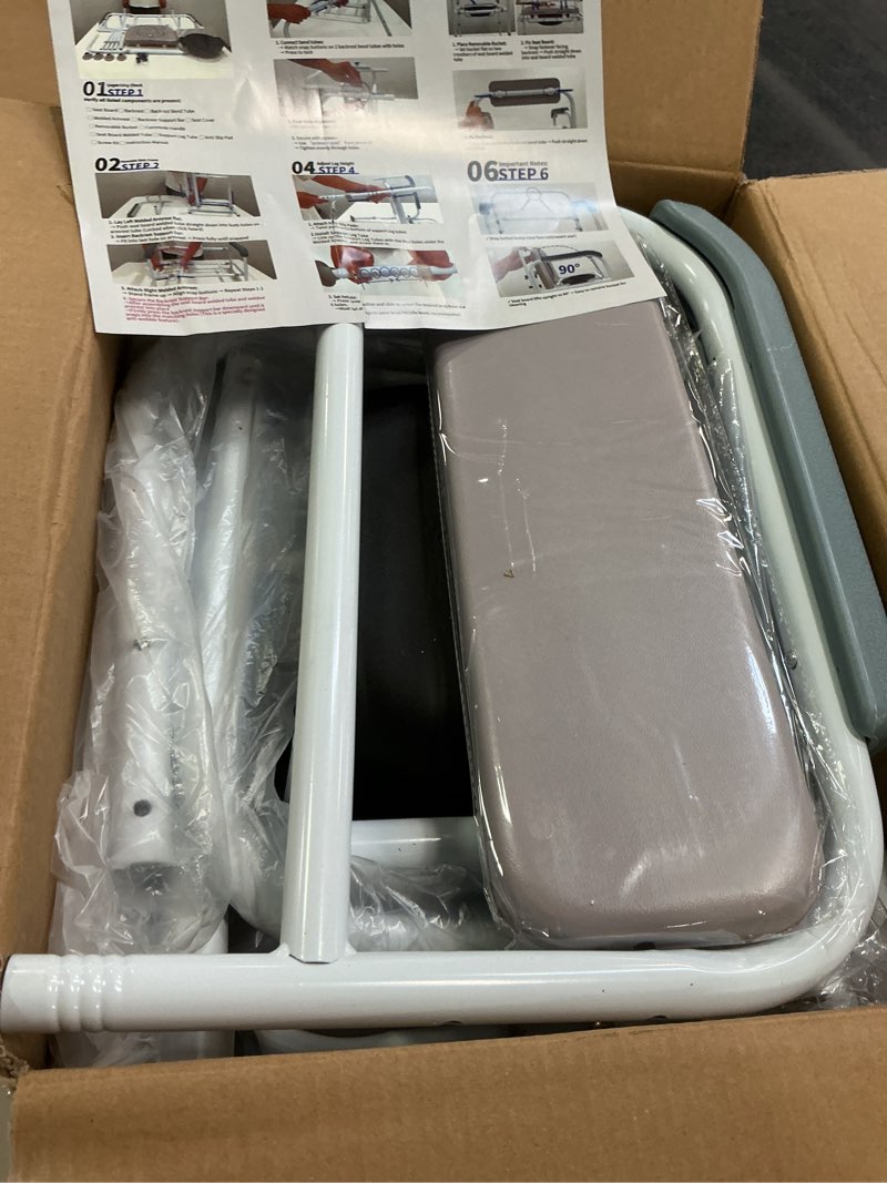 Condition photo showing Good Condition for Adjustable Medical Bedside Commode Chair with Padded Backrest, Height Adjustable, Drop Arm Support Improved toilet chair