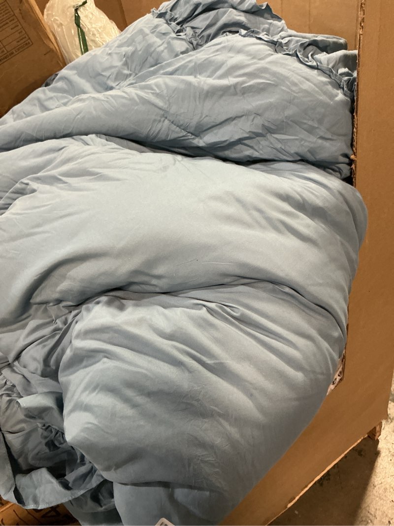 Condition photo showing As Is for andency super king ruffle comforter set, 3 pieces shabby chic farmhouse bedding set, lightweight soft comforter set 120x120 for girls women (1 comforter 2 pillowcases), grayish blue grayish blue super king(120''x120'')