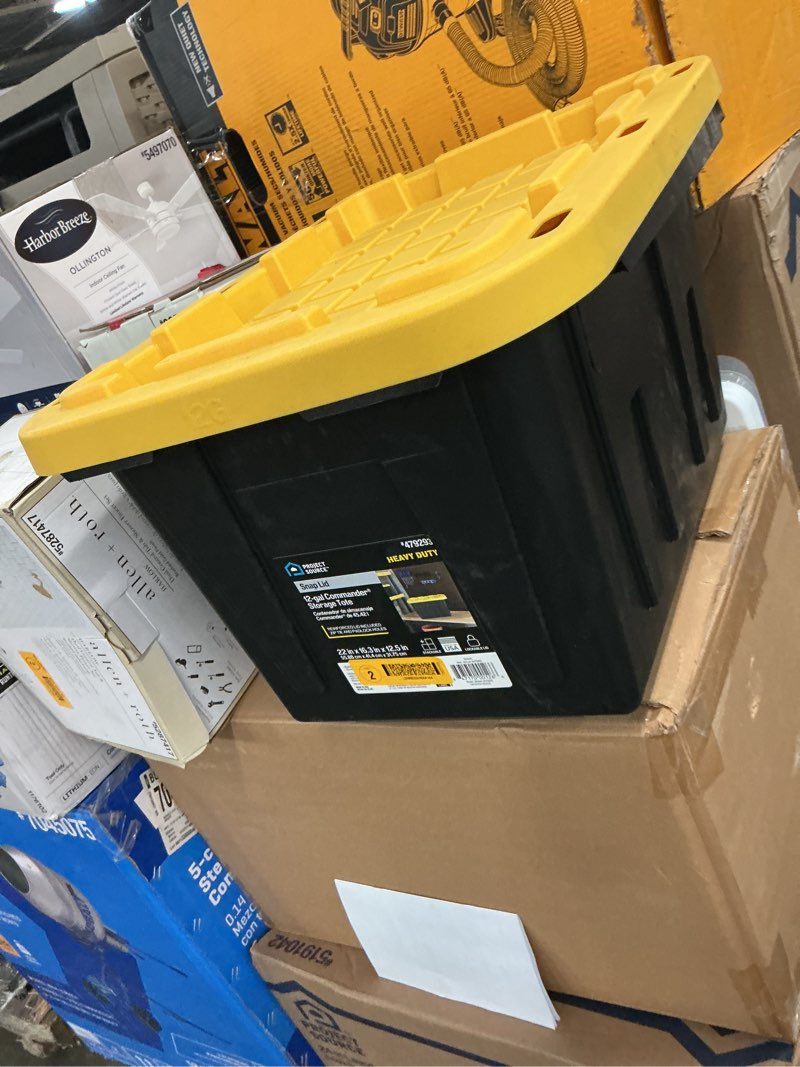Condition photo showing As Is for project source commander medium 12-gallons (48-quart) black and yellow heavy duty tote with standard snap lid