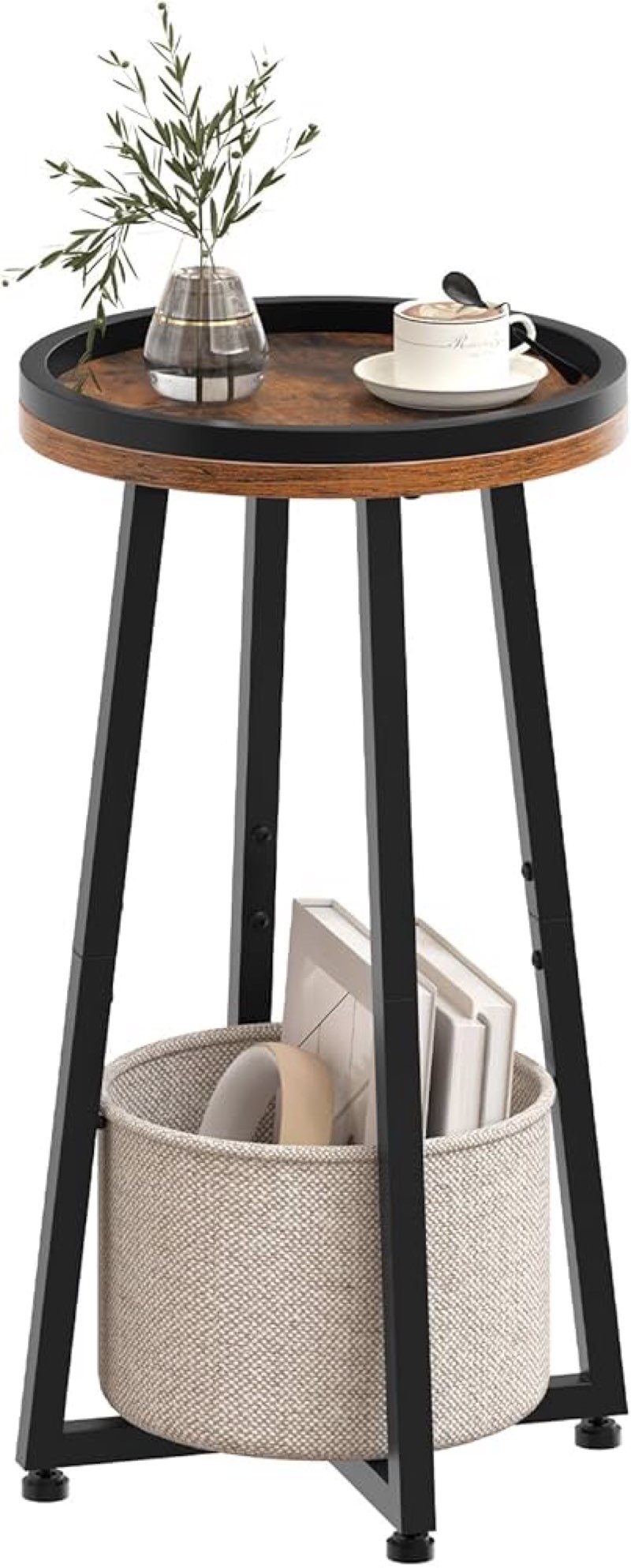 hoobro small round side table, 2-tier round sofa end table, compact nightstand with cotton linen sto