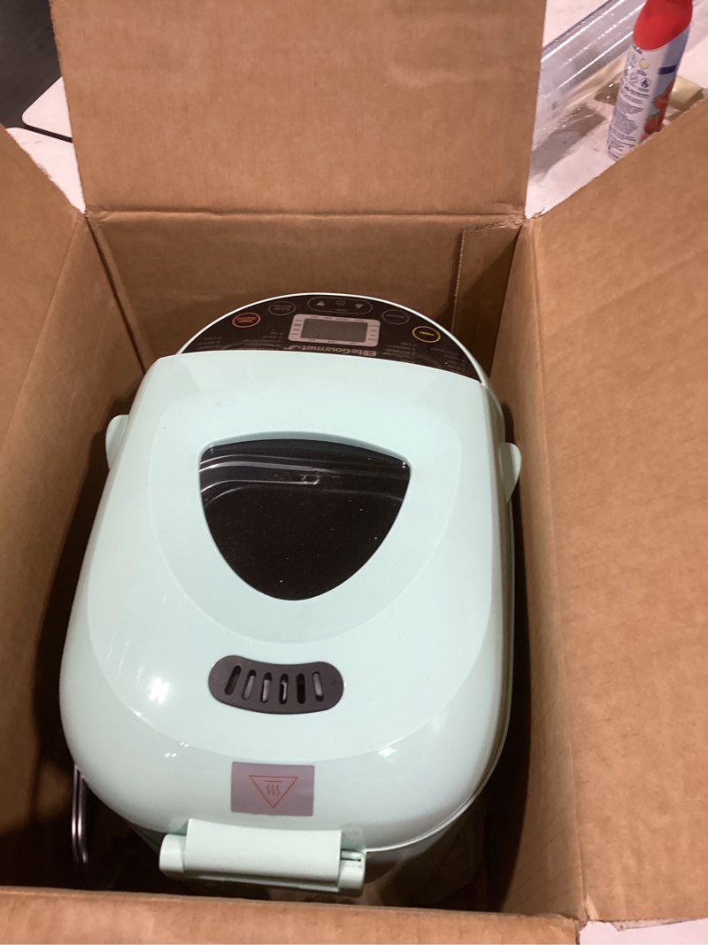 Condition photo showing As Is for Elite Gourmet Programmable Bread Maker, 2 lb Loaf, 3 Sizes, 19 Presets incl. Gluten-Free, Dough & Jam, Delay Timer, Mint