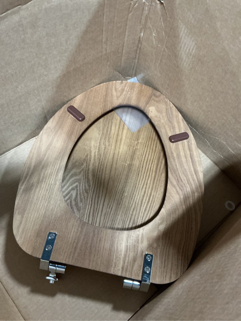 Condition photo showing As Is for mayfair natural oak veneer toilet seat with chrome hinges, round, wood