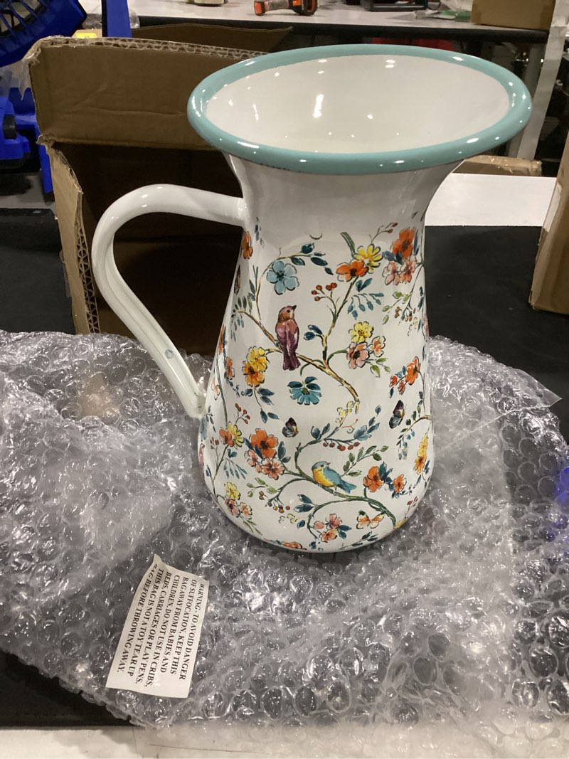 Condition photo showing Good Condition for enamel pitcher with wide handle vintage metal farmhouse pitcher vase flower decoration for tabletop, office, home, gift and iced tea, coffee, cold drinks flower and bird