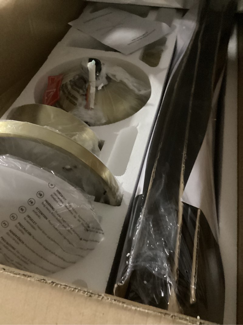 Condition photo showing New/Like New for elehinser 60" modern ceiling fan with light and remote control, 5 solid wood blades 6-speed noiseless reversible dc motor, ceiling fan for bedroom dinning living room, gold finish with black blades gold+black 60"