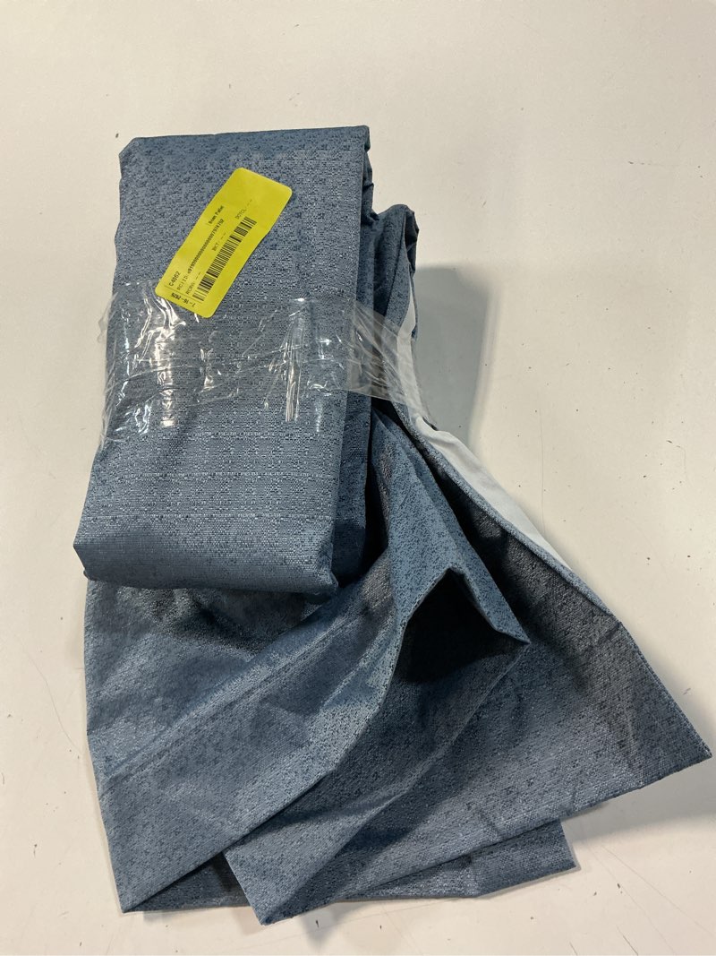 Condition photo showing As Is for chenille light filtering curtain panel pair, blue, 38"w x 84"l