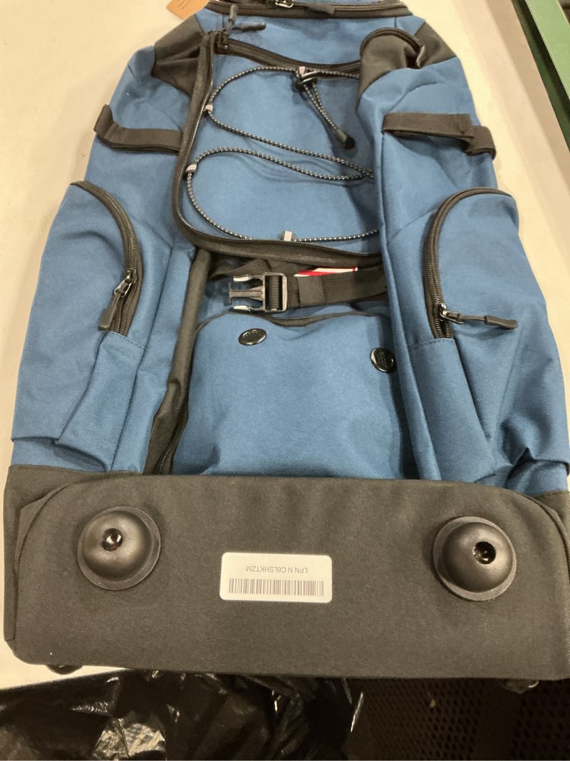 Condition photo showing Good Condition for rolling baseball bag with wheels, 60l capacity wheeled softball bag with shoe compartment for youth & adult, bat bag with hidden straps,fence hook,holds 4 bat, helmet, glove blue
