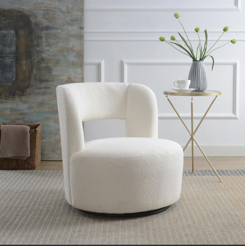 Swivel Accent Chair, Small Single Sofa, Round Chair - 360° Swivel Barrel Chair with Soft Teddy Fabric, Cozy Upholstered Chair for Living Room, Bedroom, Makeup Vanity & Waiting Room (Whit