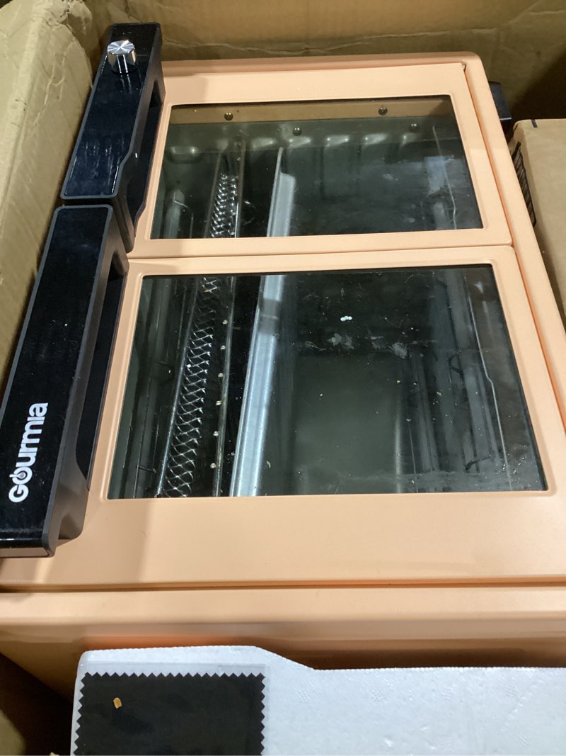 Condition photo showing As Is for gourmia french door air fryer oven - 37 qt large capacity convection toaster oven, fryforce 360°, digital display, 12 cooking presets, dehydrate, fits 13” pizza, dishwasher-safe, peach