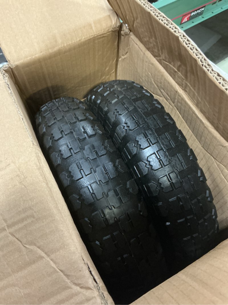 Condition photo showing Good Condition for taifa 2 pcs 13 inch rubber solid flat free replacement tires and wheels 4.00-6 with 5/8'' axle bore hole, air less wheel for wheelbarrow/wagon/hand truck/trolley/garden scooter etc. 13x400-6pu-bigf-2packs