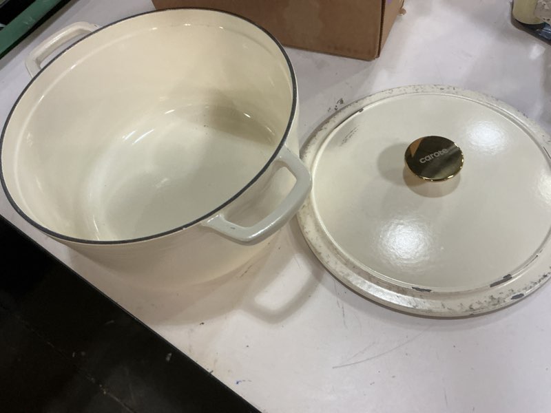 Condition photo showing As Is for Crockpot - Crock Pot Artisan 7 Quart Oval Enameled Cast Iron Dutch Oven with Gold Handle - Linen