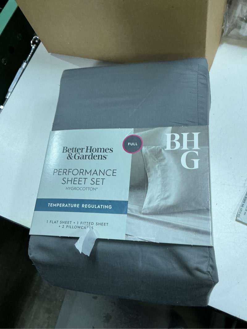 Condition photo showing As Is for better homes & gardens 4-piece 400 thread count dark grey performance hygro cotton sheet set  full