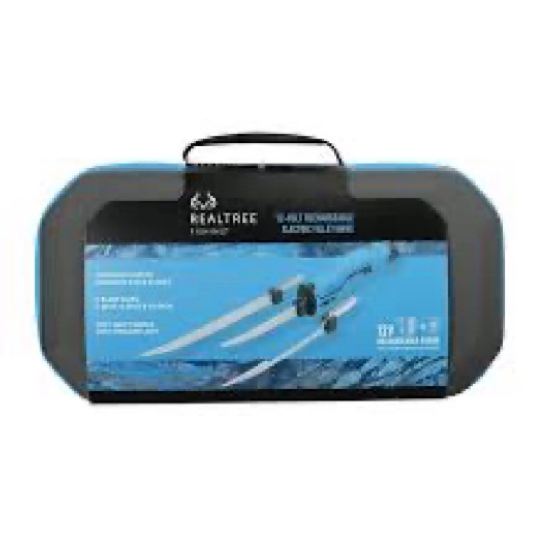 Realtree Fishing 12-volt rechargeable electric fillet knife set with three stainless steel blades and a protective carrying case.
