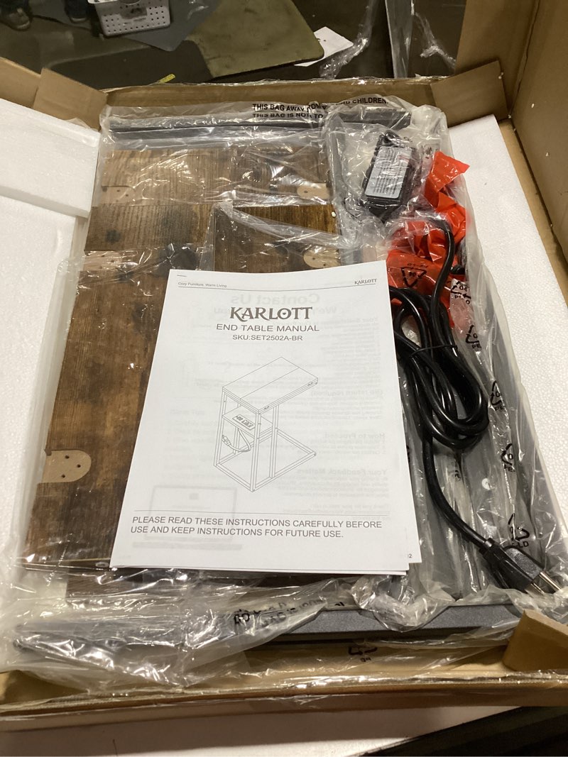Condition photo showing Good Condition for karlott Sturdy Foldable End Table with One-Piece Load-Bearing Legs, No Assembly, C Shaped End Table with Charging Station, Small Side Table for Couch, Living Room, Bedroom, Small Space, Rustic Brown